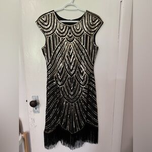Art Deco Black and Gold Beaded Mini Dress